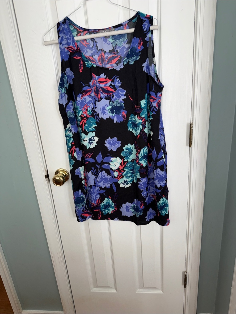 Jessica London Black Dress with Blue, Teal & Red Floral Print